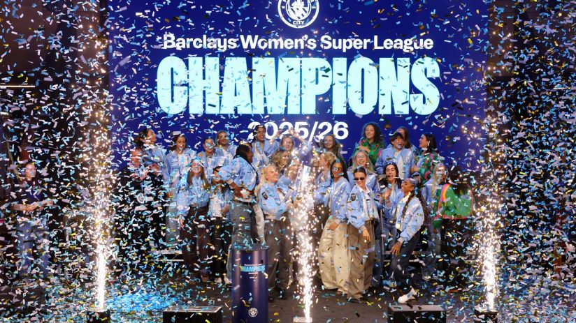 Manchester City Womens Super League champions celebrating with confetti, sparklers, and large screen display 2025/26