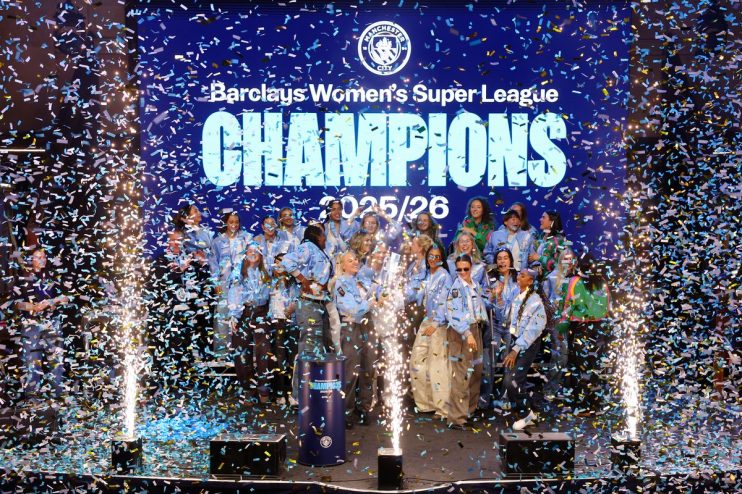 Manchester City Womens Super League champions celebrating with confetti, sparklers, and large screen display 2025/26
