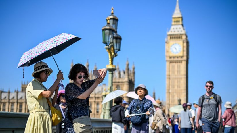 Tourists on Westminster Bridge, London, with Big Ben and Houses of Parliament in the background on a sunny day.