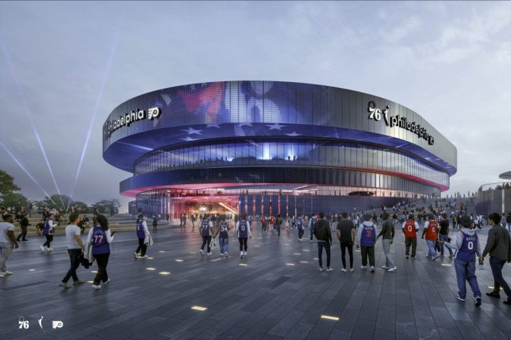 Rendered view of the Philadelphia 76ers arena with fans arriving, showing the modern exterior and vibrant lighting.