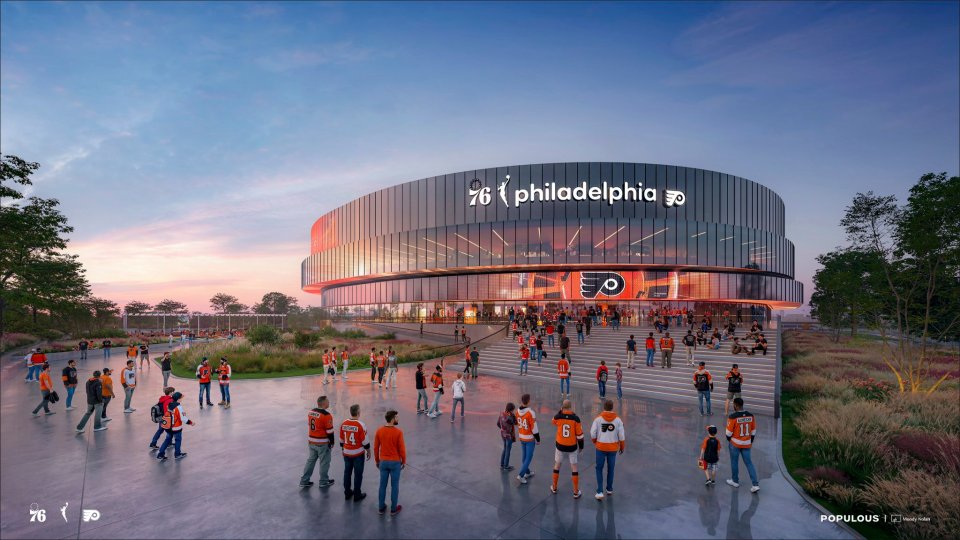 Rendered view of the 76ers arena exterior with fans, 76 Philadelphia and Flyers logo visible at dusk.