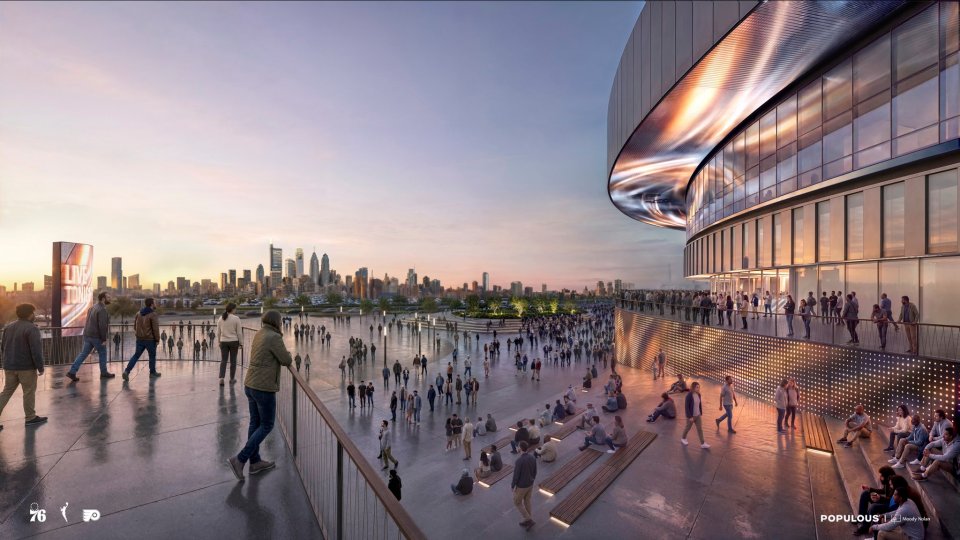 Modern arena exterior with large crowds and Philadelphia skyline at sunset, showcasing vibrant lighting and urban design