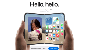 Hands holding an iPhone Duo, a foldable smartphone displaying widgets and app icons on a white background.