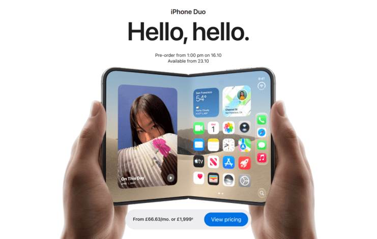 Hands holding an iPhone Duo, a foldable smartphone displaying widgets and app icons on a white background.
