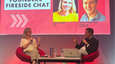 Tessa Clarke of Olio and Hamish Shepherd of HelloFresh/Bridebook speaking at a Founders Fireside Chat event.