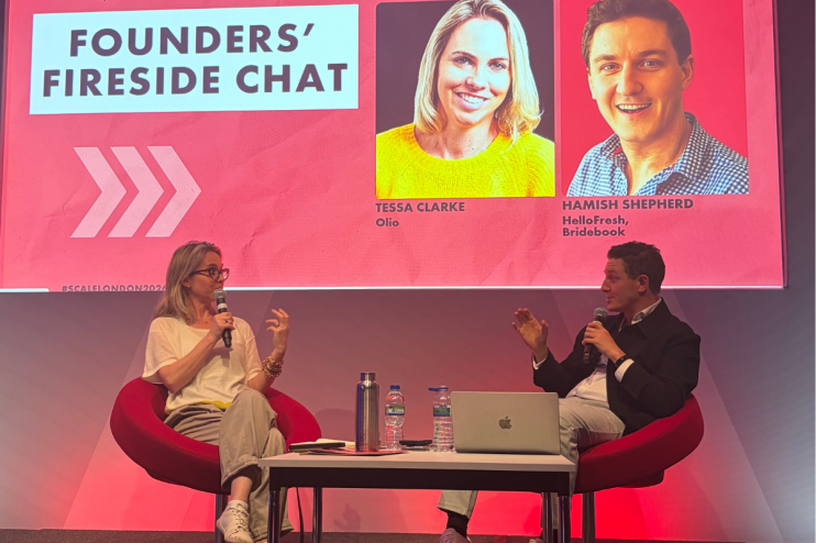 Tessa Clarke of Olio and Hamish Shepherd of HelloFresh/Bridebook speaking at a Founders Fireside Chat event.