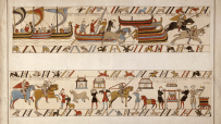 Detailed section of the Bayeux Tapestry showing soldiers, horses, ships, and daily life scenes.