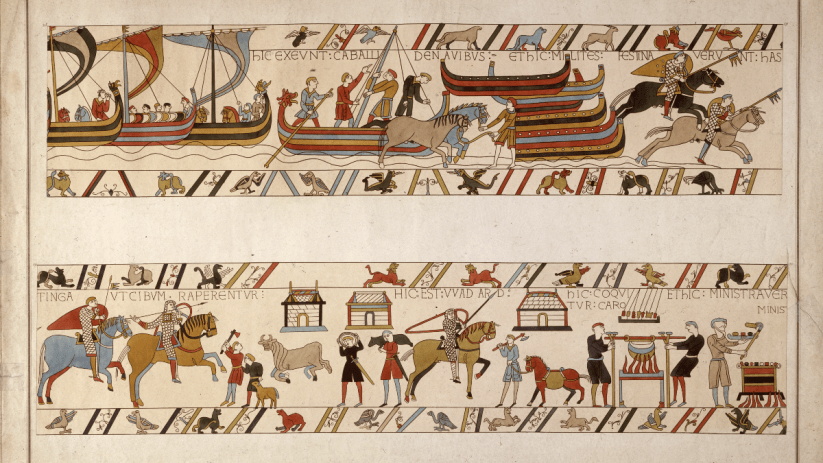 Detailed section of the Bayeux Tapestry showing soldiers, horses, ships, and daily life scenes.