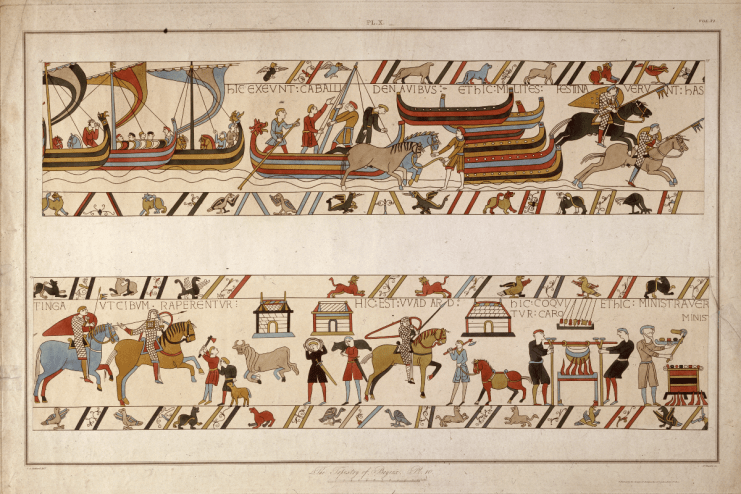 Detailed section of the Bayeux Tapestry showing soldiers, horses, ships, and daily life scenes.