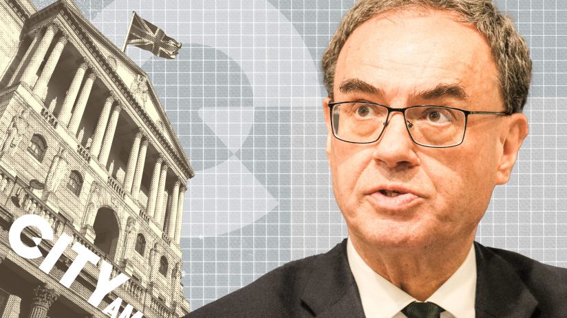 Andrew Bailey, Governor of the Bank of England, with the Bank of England building and UK flag.