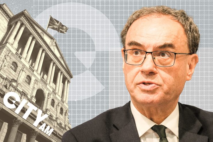 Andrew Bailey, Governor of the Bank of England, with the Bank of England building and UK flag.