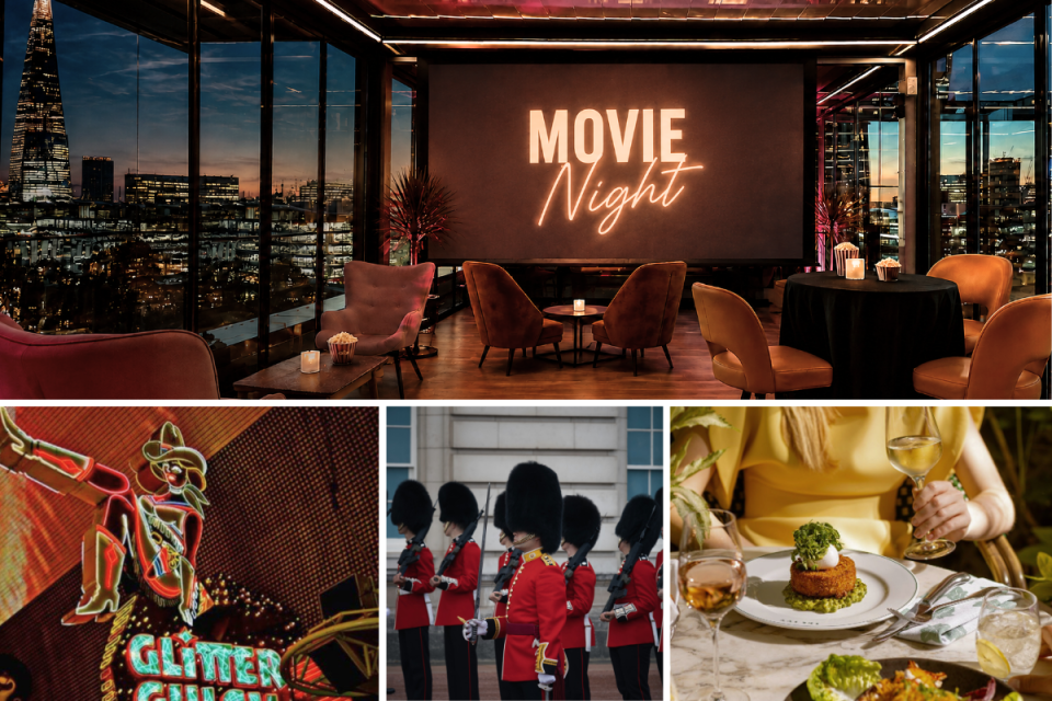 Collage of London events: rooftop cinema with city skyline, neon sign, Kings Guards, and fine dining.