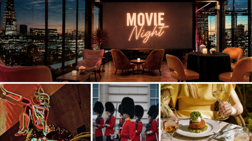 London Whats On banner: Movie Night with city skyline, neon cowboy, Queens Guard, and fine dining.
