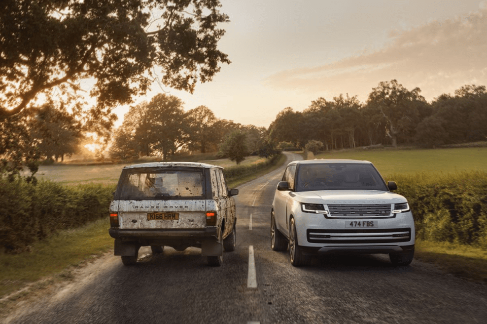 Classic and modern Range Rover cars driving on a winding country road at sunset, illustrating automotive evolution.