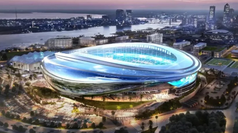 Aerial rendering of the Jacksonville Jaguars proposed stadium redevelopment with downtown skyline at dusk.