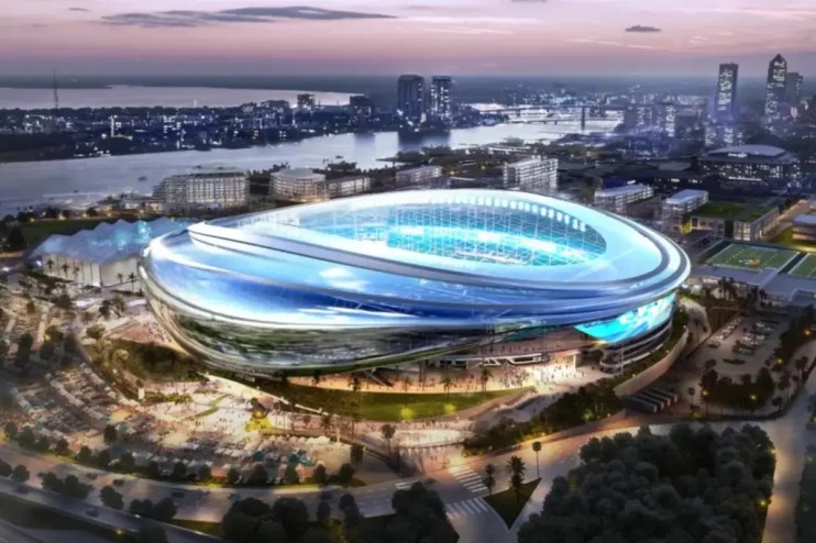 Aerial rendering of the Jacksonville Jaguars proposed stadium redevelopment with downtown skyline at dusk.