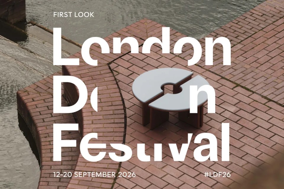 Promotional image for London Design Festival 2026, featuring modern outdoor furniture on brick paving by water.