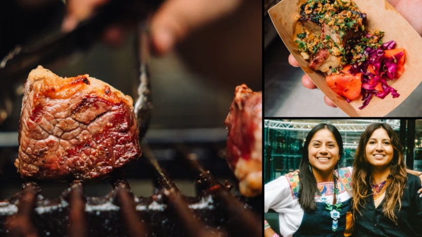 Meatopia event collage: grilled meat, a dish with vegetables, and two smiling women